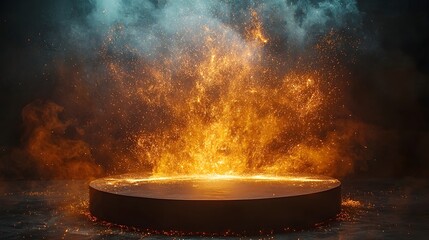 A dark circular podium is engulfed by a dramatic explosion of fiery sparks and smoke