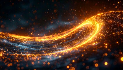 A luminous golden wave flows gracefully, sparkling against a dark, blurred background. Dazzling particles create a celestial and ethereal ambiance