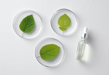 Three petri dishes, each holding a fresh green leaf, arranged with a dropper bottle of liquid on a white surface