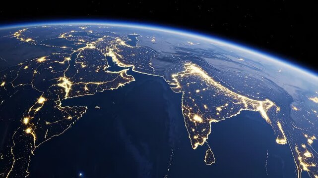 Glowing satellite view of Earth at night showcasing illuminated cities and borders across continents, captivating global perspective highlighting urbanization and energy use