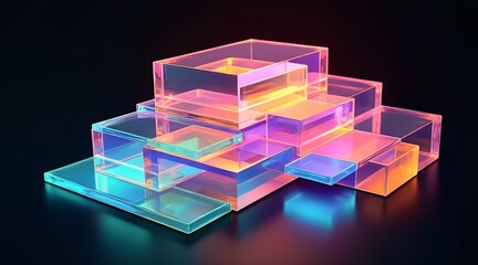 Iridescent Glass Cubes Arranged in a Stacked Formation with Neon Light Reflections on a Dark Surface Digital Art