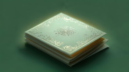 Fototapeta premium A subtly glowing, pale-green book with gold ornate detailing rests on a matching surface, suggesting magic or knowledge