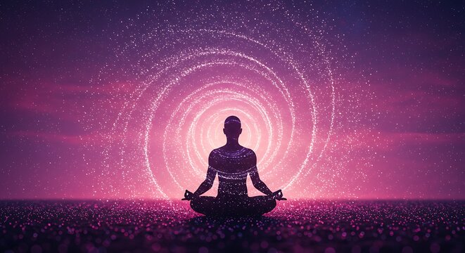 Silhouette of Person Meditating in Cosmic Light with Purple Pink Glow and Sparkling Particles