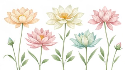 Fototapeta premium Watercolor illustration of lotus flowers in various colors isolated on white background for design projects