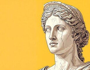 Close-up of a stylized ancient Greek/Roman bust, pale stone-like tones, on a vibrant yellow background