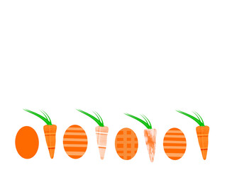 Row of carrots and easter eggs orange with mixed textures on white background