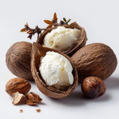 Creamy white shea butter in dried, brown, nut-like shells