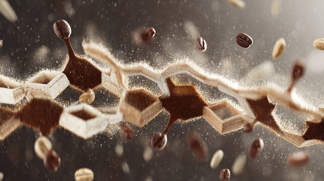 Surreal molecular structure with coffee-hued energy waves activating cells, depicting anti-aging research.
