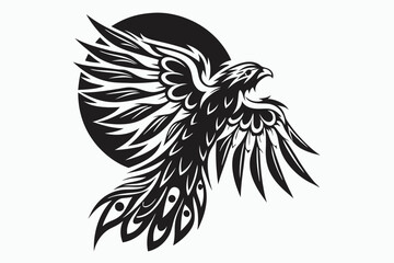 Ornate black and white eagle soars against a dark moon in a tribal tattoo