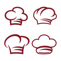 Four Stylized Chef Hats in Maroon Outline