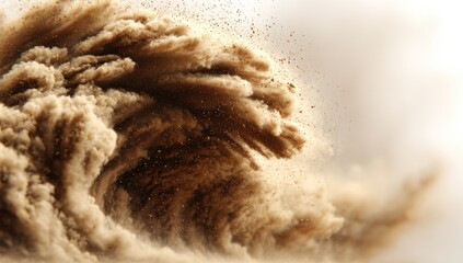 A powerful wave of beige sand erupts, swirling and billowing against a bright white background.  The texture is detailed, showing the fine particles of sand in the air