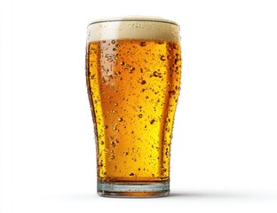 Full pint glass of light-colored beer, condensation
