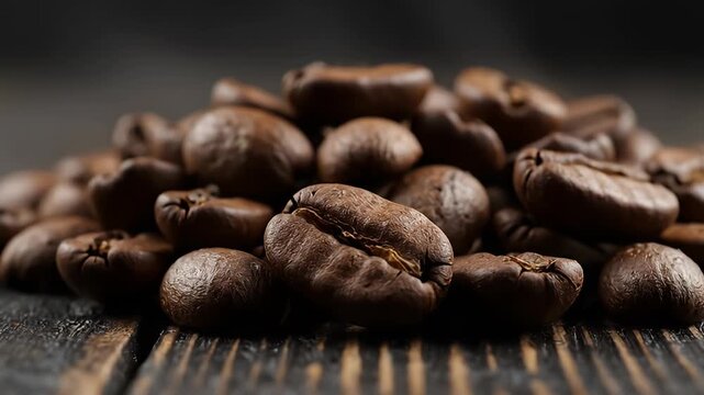 Close-up Cinematic Shot of a Pile of Roasted Coffee Beans on a Dark Wooden Surface
