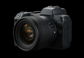 Fototapeta premium A sophisticated, modern digital camera is displayed against a black backdrop, showcasing its sleek, black design and intricate lens details.