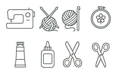 Sewing and crafting icons: sewing machine, yarn, scissors, glue, embroidery