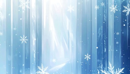A serene, abstract winter scene with vertical light beams and delicate snowflakes gracefully descending on a blue background