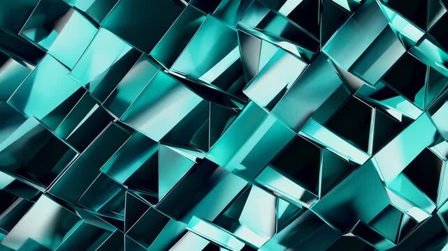 Geometric crystal pattern with turquoise glass shards rotating in abstract 3D motion background with modern reflective texture