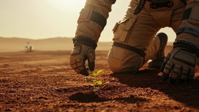 Astronaut in space suit tending a growing plant on an alien planet surface. Future colonization and terraforming exploration footage.