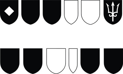 Shield silhouette and emblem shapes collection, black and white vector icons, heraldic design elements, medieval coat of arms, security badge graphic symbols