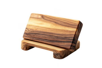 Premium wooden tablet stand holder, wood phone stand, desk organizer, sustainable wood, natural grain, home decor, office accessory isolated on transparent background