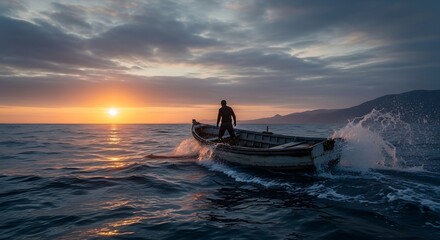 Fototapeta premium A lone mariner embarks on a voyage under a canvas of ethereal skies