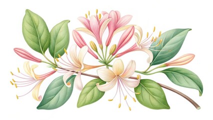 Watercolor honeysuckle branch with flowers and leaves isolated on white background for elegant design