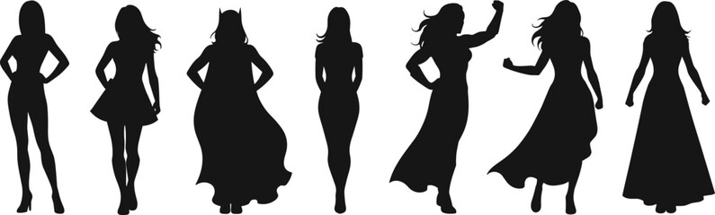 Female superhero and woman silhouettes collection, strong confident women, fashion poses, vector illustration, empowering female figures, graphic design elements, stylish character set © Vector Sifat