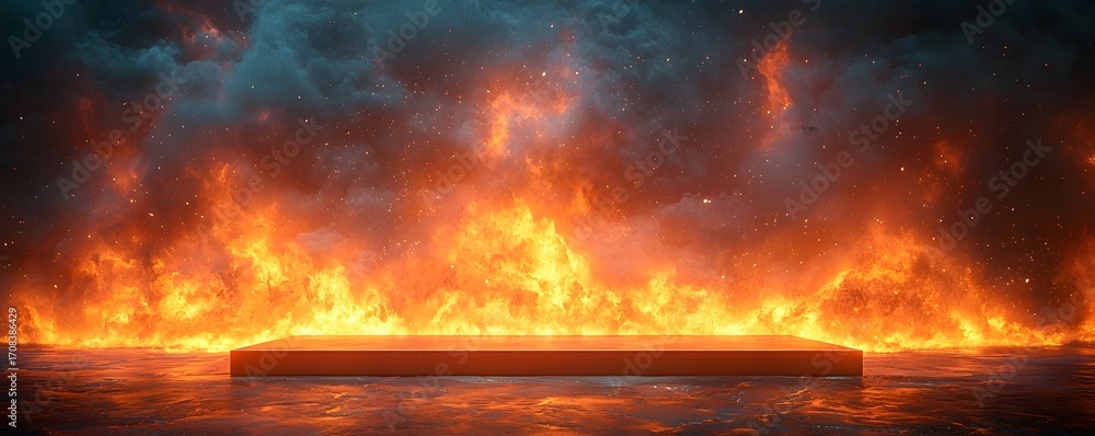 Poster a stark podium emerges from intense lava and fire with a backdrop of dramatic smoke and glowing embe