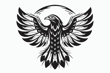 Majestic black eagle soars with stylized wings against a crescent moon, looking determined
