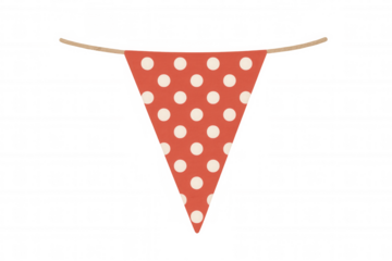 Red triangular flag with white polka dots hanging from a string, isolated on a transparent background, perfect for party decorations