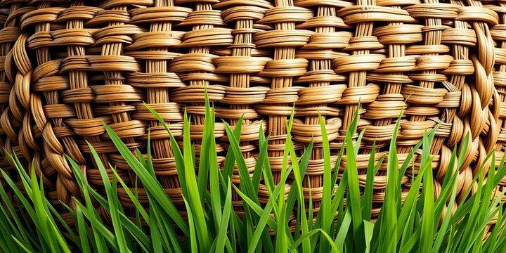 Intricate woven basket pattern with vibrant green grass sprouting from its base,   design,  texture