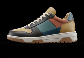 A stylish, modern sneaker with a bold patchwork design featuring contrasting colors.