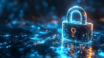 A glowing digital padlock icon with neon blue and orange light against a futuristic circuit board background symbolizing cybersecurity