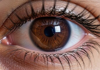 closeup of brown eye with long dark eyelashes and detailed iris patterns and reflections against soft skin texture. concept of vision and observation. pupil, medical brochure, ophthalmology