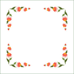 Green vegetal ornamental frame with orange Rudbeckien leaves and flowers, decorative border, corners for greeting cards, banners, business cards, invitations, menus. Isolated vector illustration.