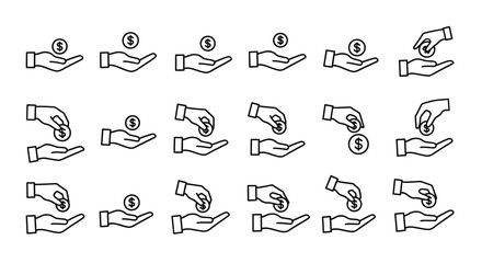 Collection of hand gestures offering and receiving coins for financial transactions vector