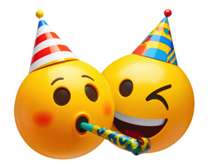 Two cartoon faces with party hats blowing party horns