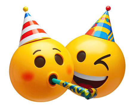 Two cartoon faces with party hats blowing party horns