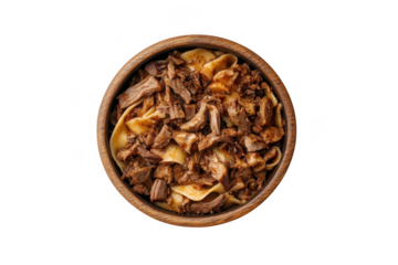 Delicious pappardelle pasta with duck ragu in wooden bowl, gourmet italian cuisine, food photography, isolated on transparent background