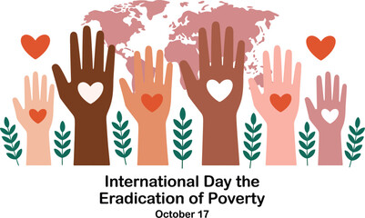 Fototapeta premium Diverse hands raised with hearts symbolizing unity and global support for poverty eradication