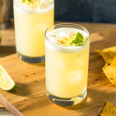 Two refreshing cocktails with lime slices and a light, creamy texture