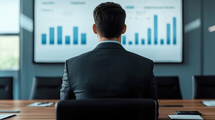 Businessman confidently presenting a financial report on a large screen to executives, boardroom setting, leadership, strategic