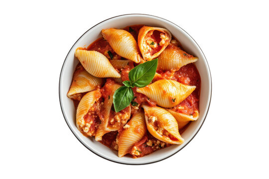 Delicious stuffed shells pasta with tomato sauce, ricotta cheese and basil in a bowl, italian cuisine, food photography isolated on transparent background