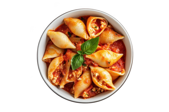 Delicious stuffed shells pasta with tomato sauce, ricotta cheese and basil in a bowl, italian cuisine, food photography isolated on transparent background