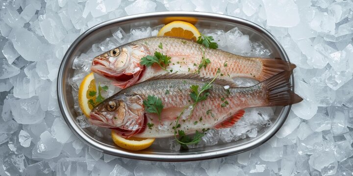 High-resolution photo of fresh barramundi fish with red gills on a stainless steel tray filled with crushed ice, garnished with lemon slices, parsley, and cilantro for seafood display.