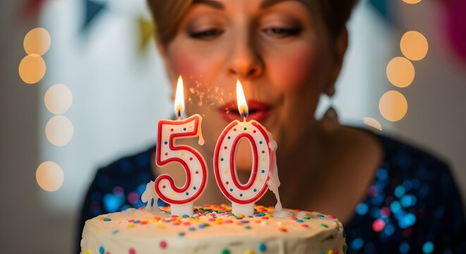 Celebrating a milestone, a woman gently blows out the candles on her delightful 50th birthday cake, a moment of joy and reflection.