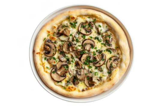 Delicious mushroom pizza with fresh herbs and melted cheese on a plate, food photography, culinary art, isolated on transparent background