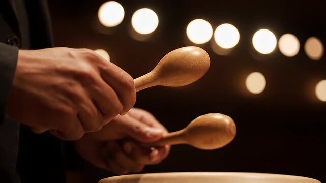 Close-up of Musician's Hands Playing Wooden Claves on a Drum in Slow Motion