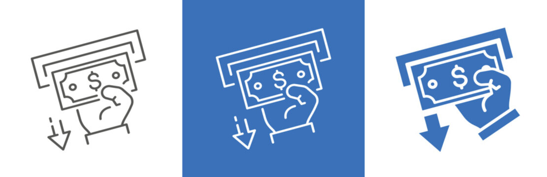 flat and linear set icons, withdraw cash money in atm icon, operation with take deposit, hand with dollars, issuance of credit, simple symbols on white and black background - editable stroke vector