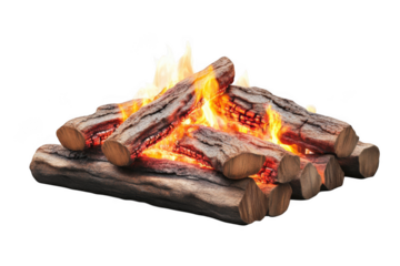 Realistic firewood logs with flames burning brightly, perfect for campfire or fireplace visuals, isolated on transparent background